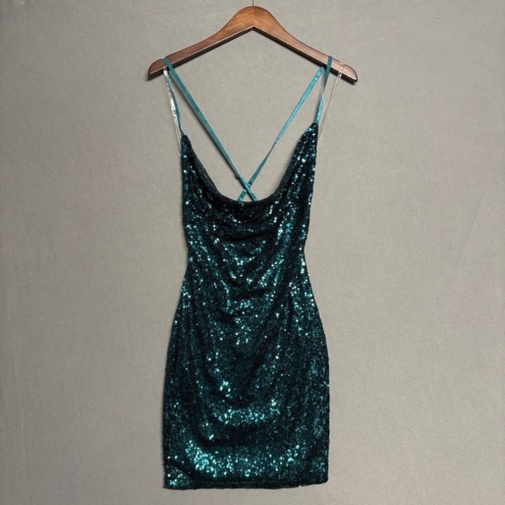 Fashion Nova Start The Show Mini Dress‎ S Hunter New Sequin Cowl Back Women